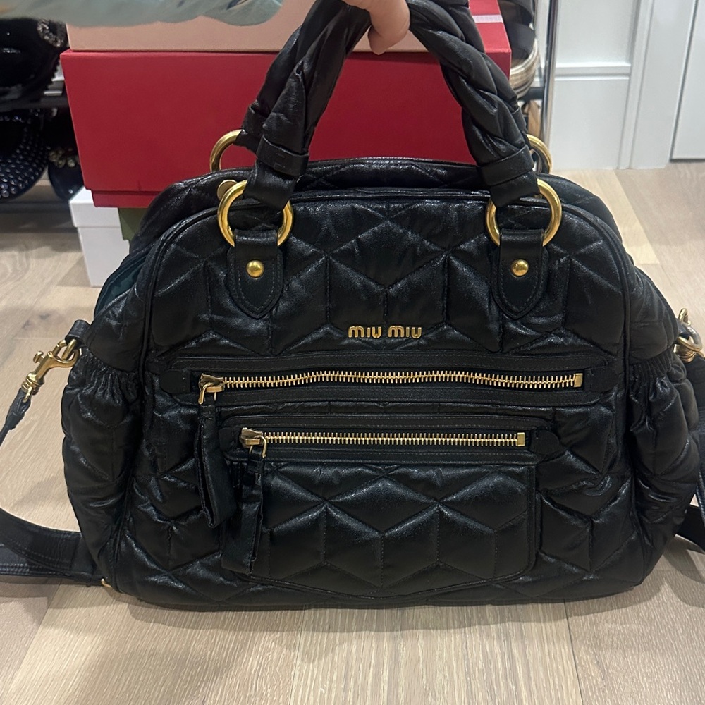 Miu Miu Black Quilted Satchel with Gold Accents